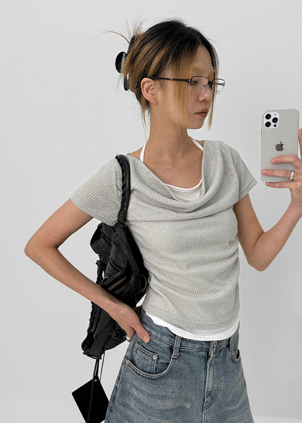 Dipping Halter Layered Shirring Short Sleeve T-shirt