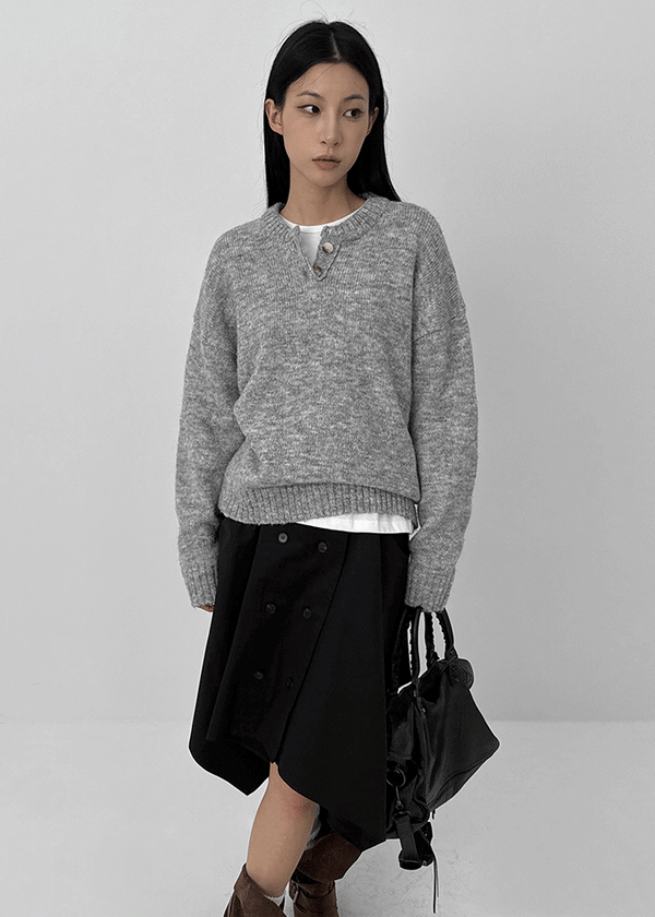 Cowl-lun Button Wool Loose-fit Knit