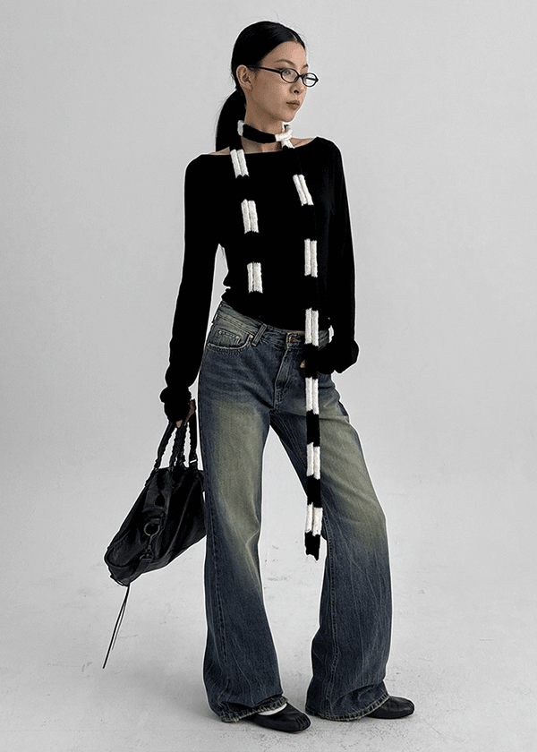 Calf Vintage Washed Bootcut Denim Pants