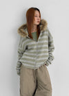 Combing Stripe Fleece Fur Hooded Zip-up