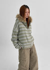 Combing Stripe Fleece Fur Hooded Zip-up