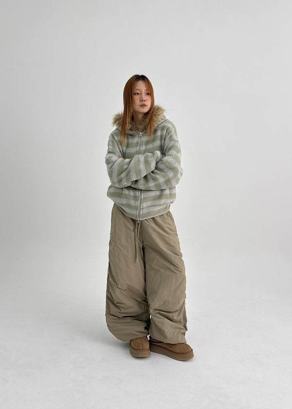 Combing Stripe Fleece Fur Hooded Zip-up