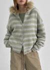 Combing Stripe Fleece Fur Hooded Zip-up
