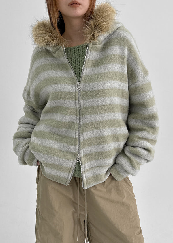 Combing Stripe Fleece Fur Hooded Zip-up