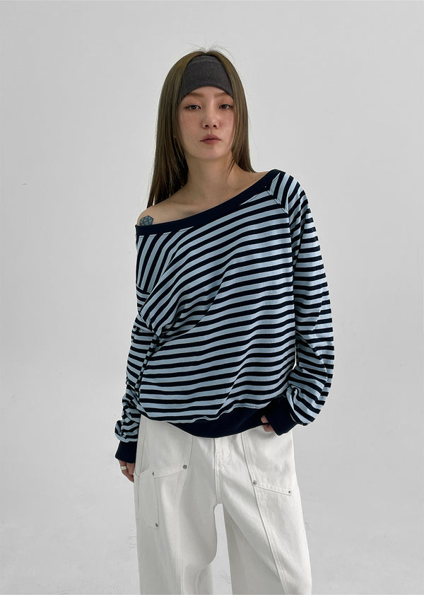 Lumbo Streifen Unbalanciertes Off-Shoulder Langarm-T-Shirt