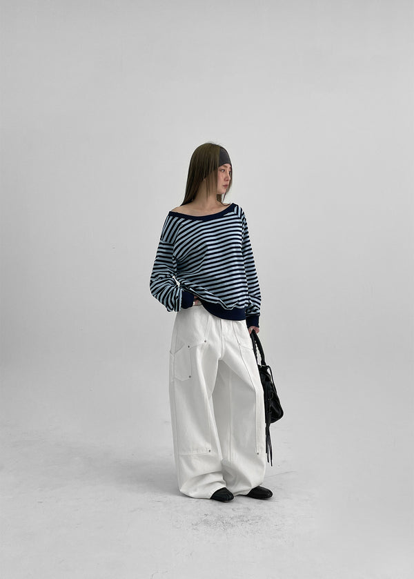 Lumbo Streifen Unbalanciertes Off-Shoulder Langarm-T-Shirt