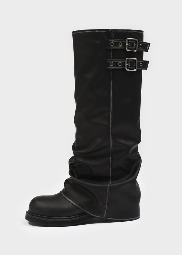 Moonki 油洗扣帶皮革摺疊靴