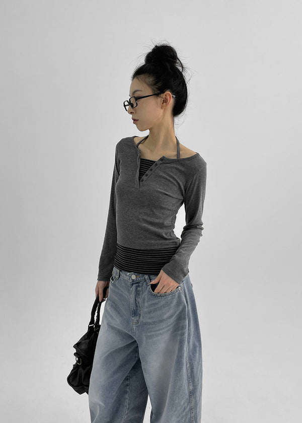 Binning Layered Stripe Holter Henry-Hals Langarm-T-Shirt