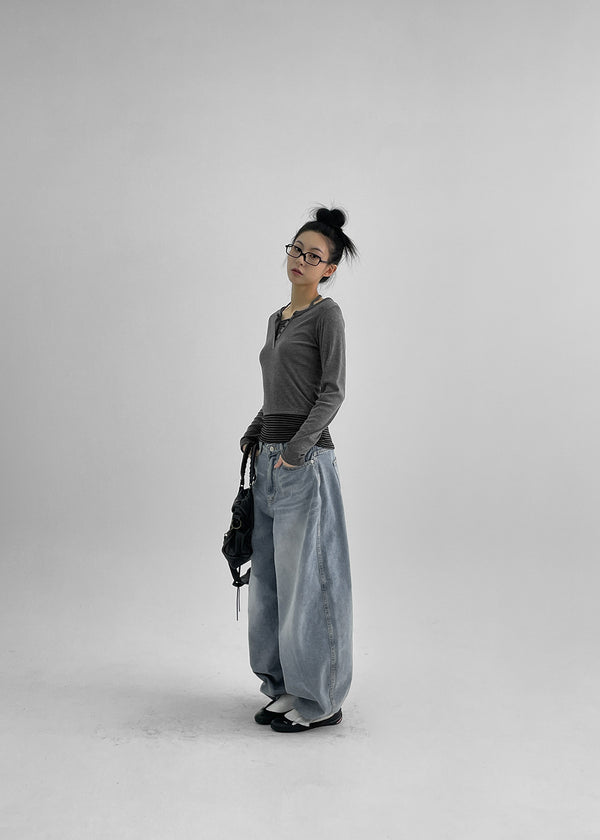 Binning Layered Stripe Holter Henry-Hals Langarm-T-Shirt