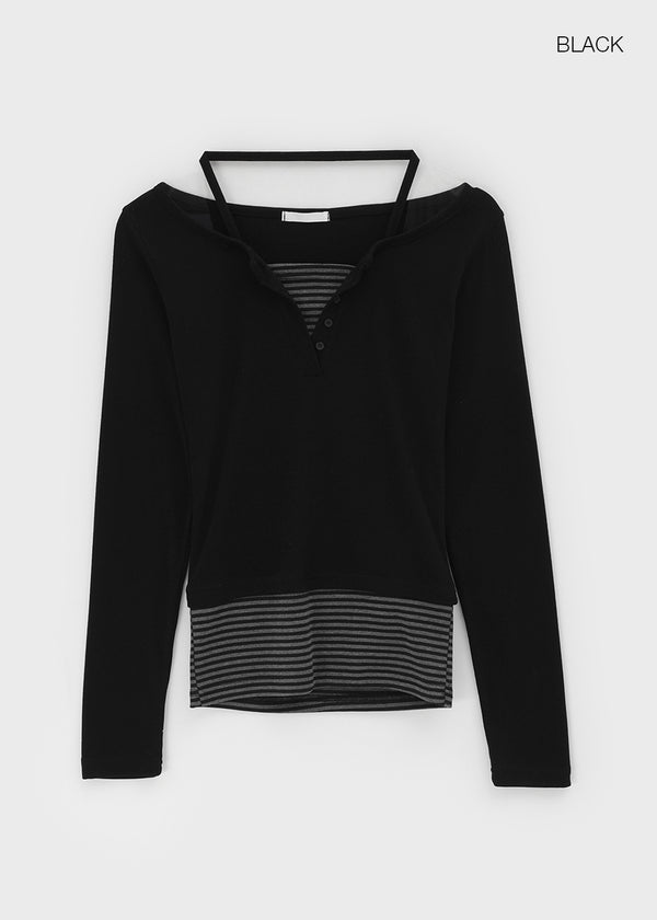Binning Layered Stripe Holter Henry-Hals Langarm-T-Shirt