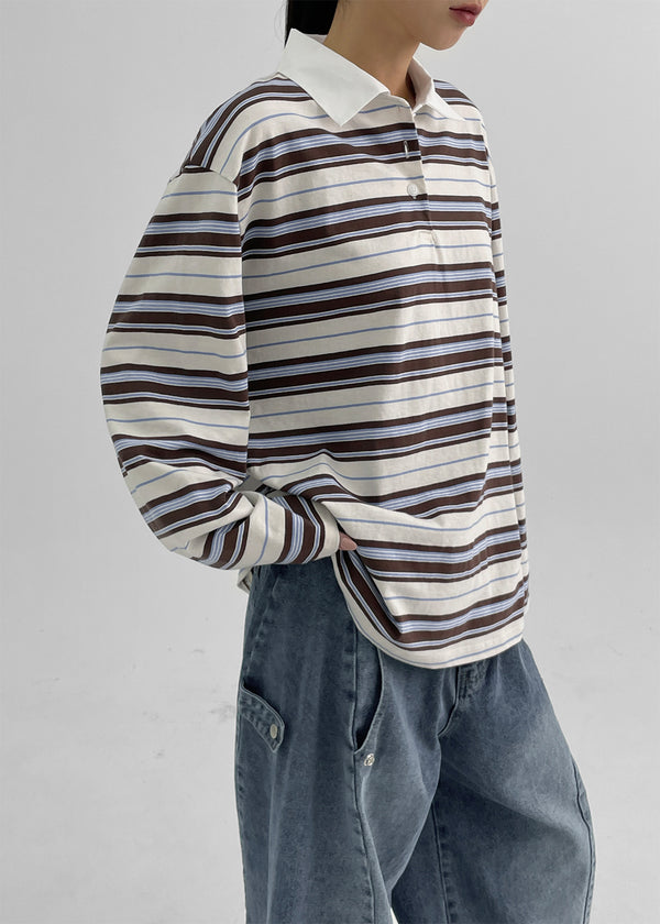 Meldinba Stripe Collar Long Sleeve T-shirt