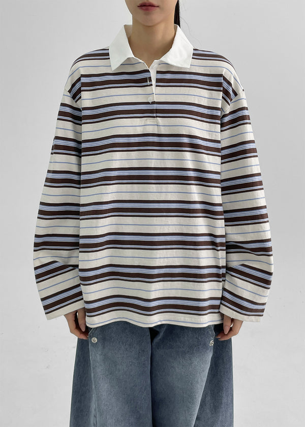 Meldinba Stripe Collar Long Sleeve T-shirt