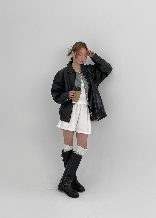 Pkop Washing Buckle Leather Long Boots