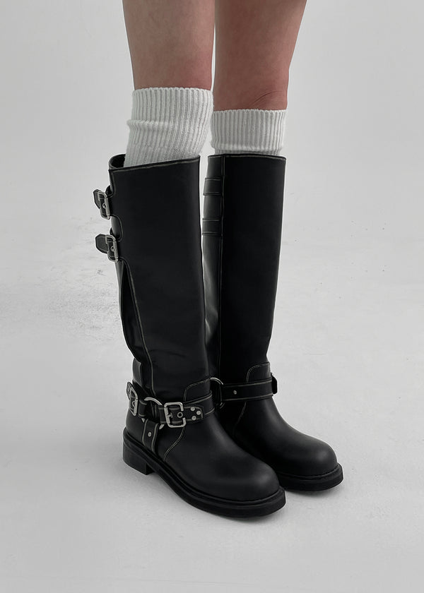 Pkop Washing Buckle Leather Long Boots