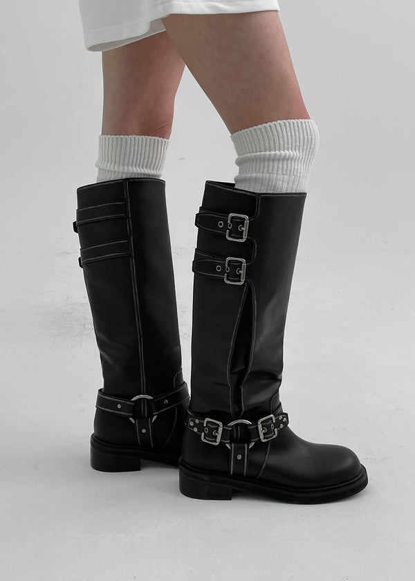 Pkop Washing Buckle Leather Long Boots