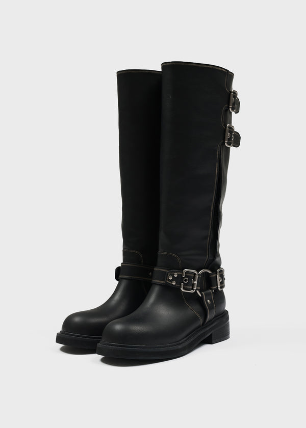 Pkop Washing Buckle Leather Long Boots