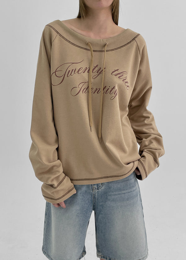 Brint Lettering Off-Shoulder Long Sleeve T-shirt