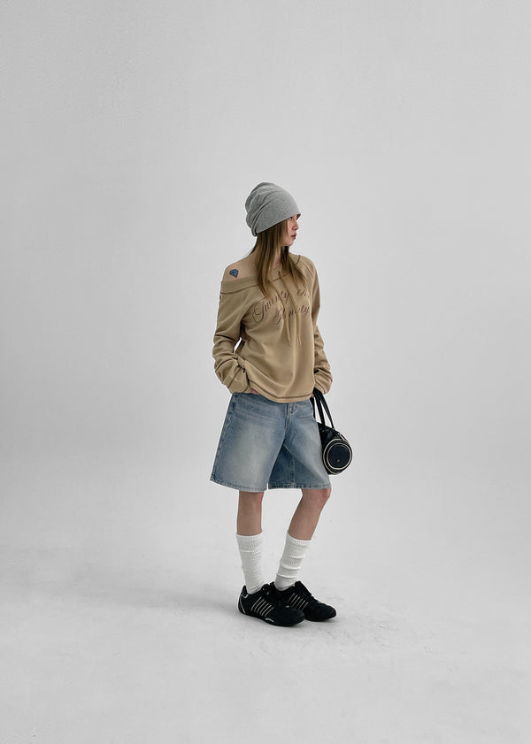 Brint Lettering Off-Shoulder Long Sleeve T-shirt