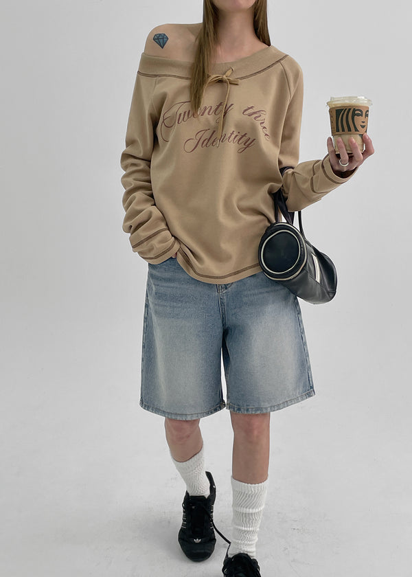 Brint Lettering Off-Shoulder Long Sleeve T-shirt