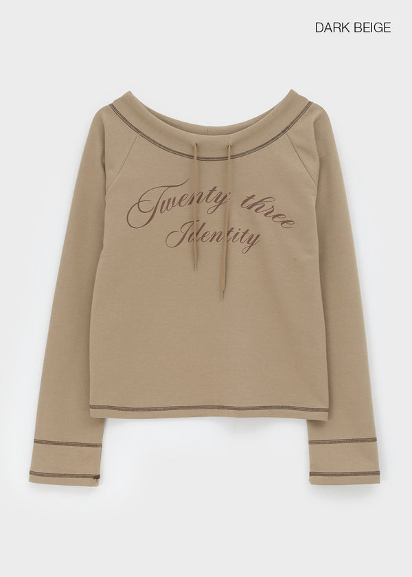 Brint Lettering Off-Shoulder Long Sleeve T-shirt