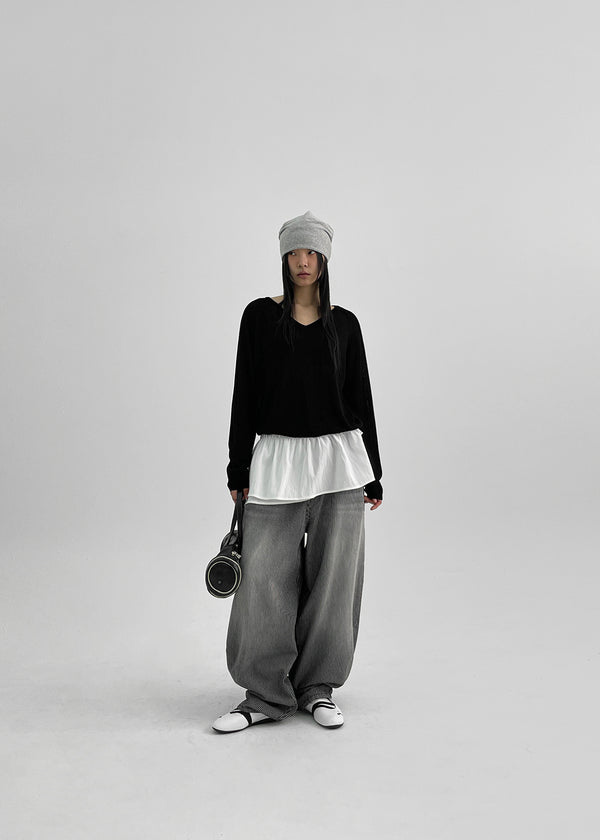 (UNISEX) Montton Stripe Wide Denim Balloon Pants