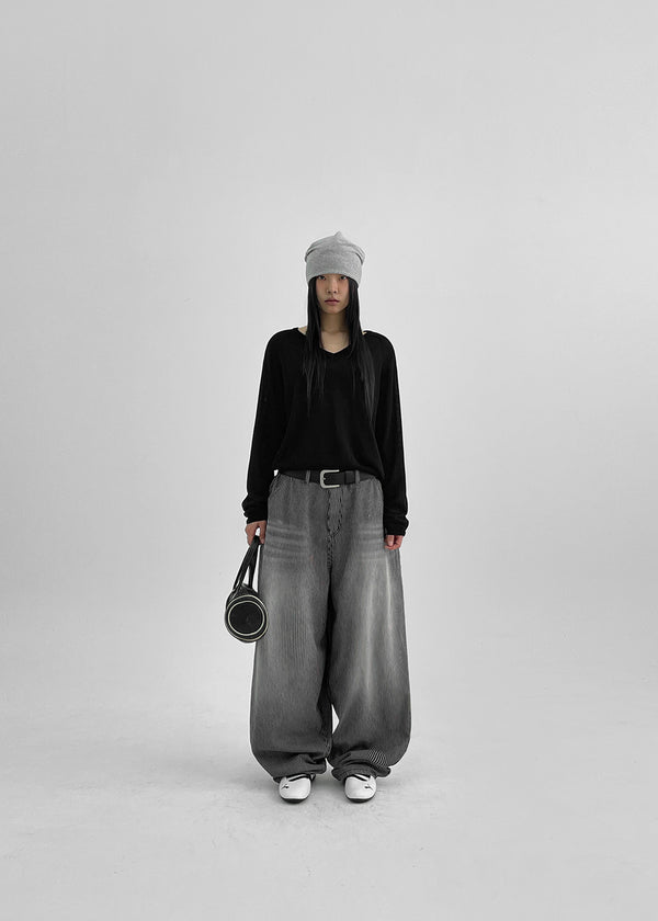 (UNISEX) Montton Stripe Wide Denim Balloon Pants