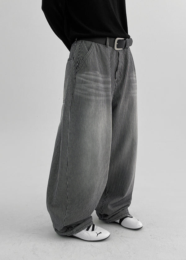 (UNISEX) Montton Stripe Wide Denim Balloon Pants