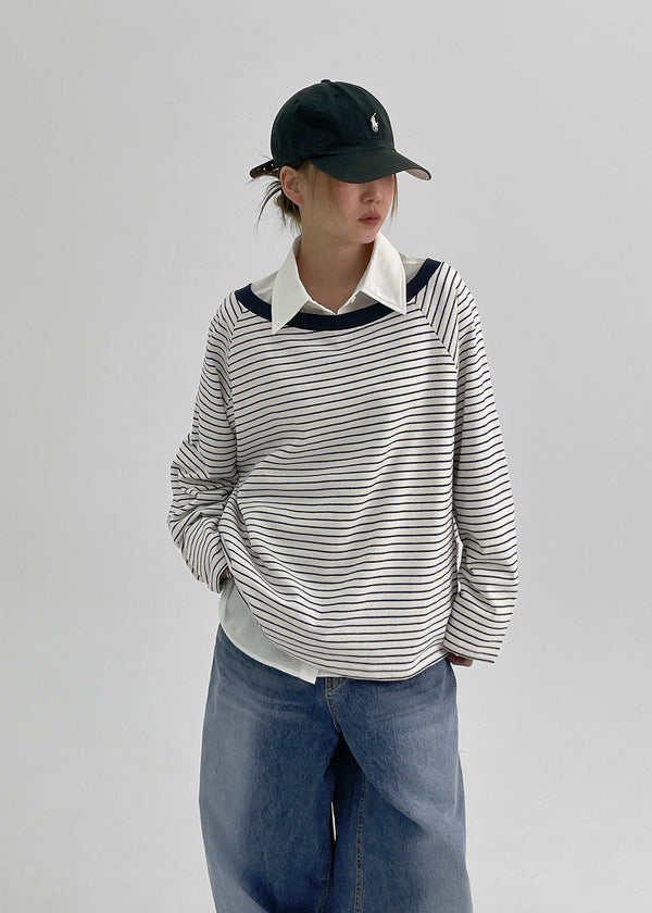 Rioen Loose Fit Stripe Off-Shoulder Long Sleeve T-shirt