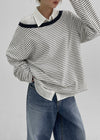 Rioen Loose Fit Stripe Off-Shoulder Long Sleeve T-shirt