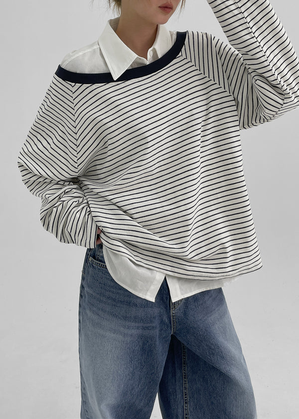 Rioen Loose Fit Stripe Off-Shoulder Long Sleeve T-shirt