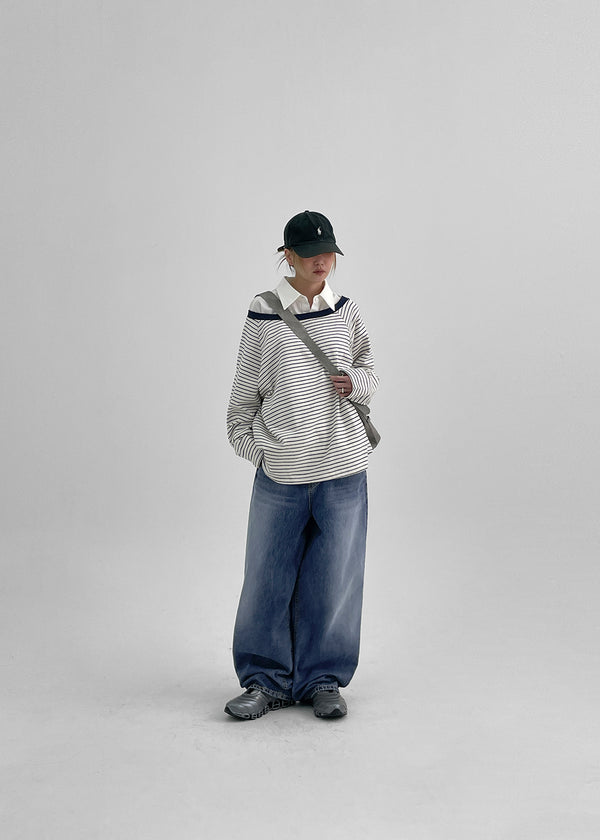 Rioen Loose Fit Stripe Off-Shoulder Long Sleeve T-shirt