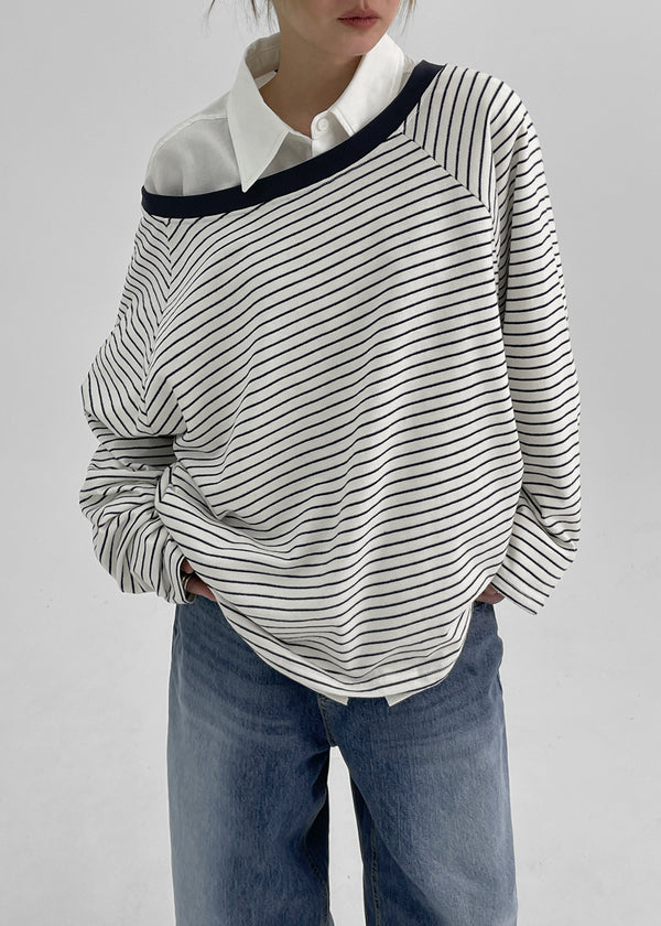Rioen Loose Fit Stripe Off-Shoulder Long Sleeve T-shirt