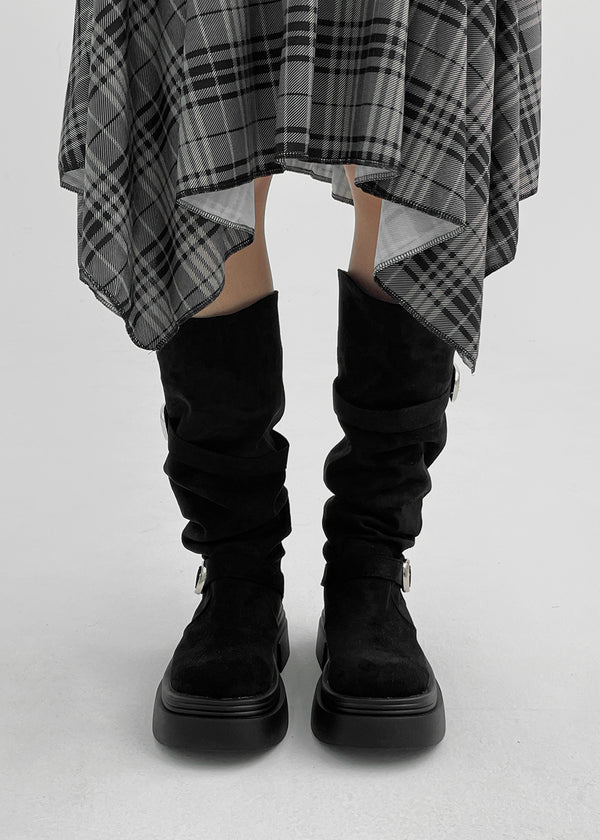 Beeoping Buckle Suede Long Boots