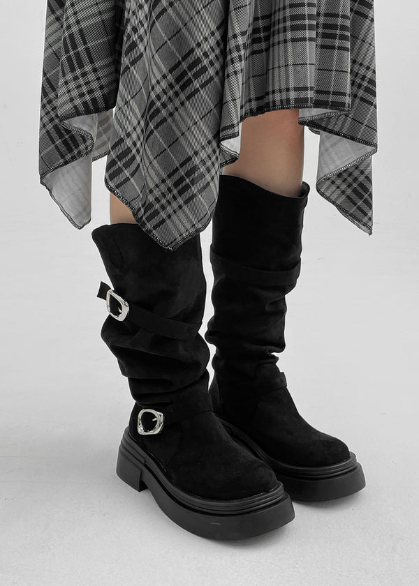 Beeoping Buckle Suede Long Boots
