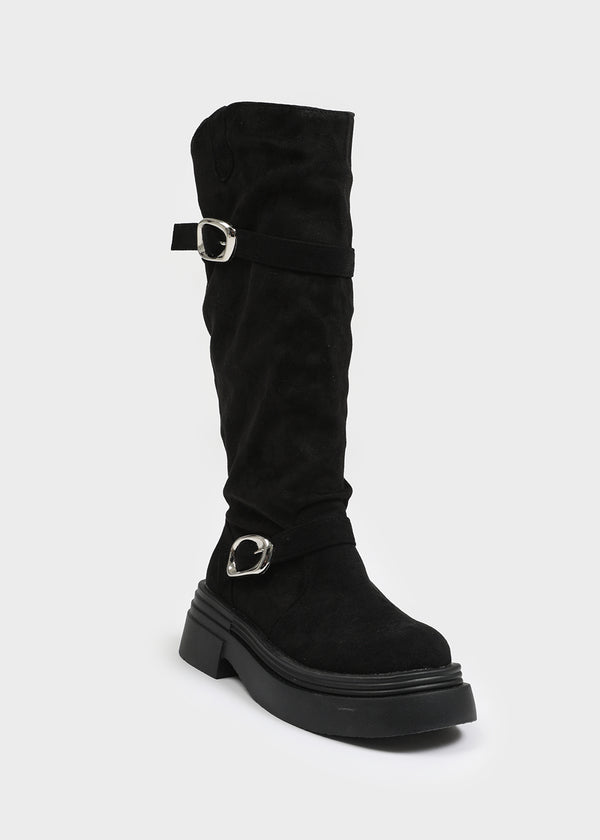 Beeoping Buckle Suede Long Boots