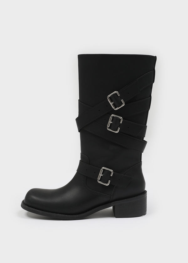 Deogoldi Ribbed Buckle Leather Long Boots