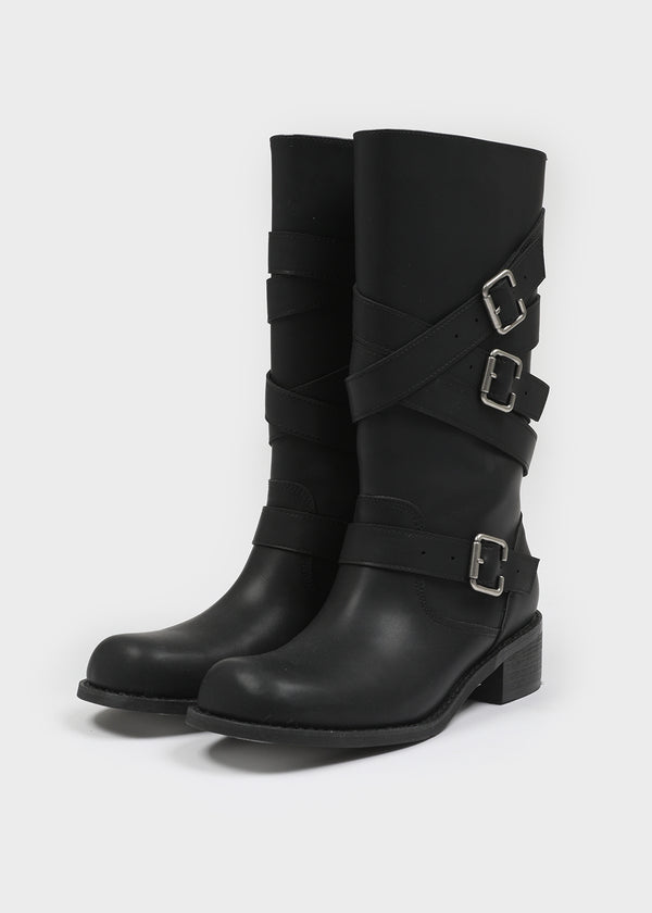 Deogoldi Ribbed Buckle Leather Long Boots