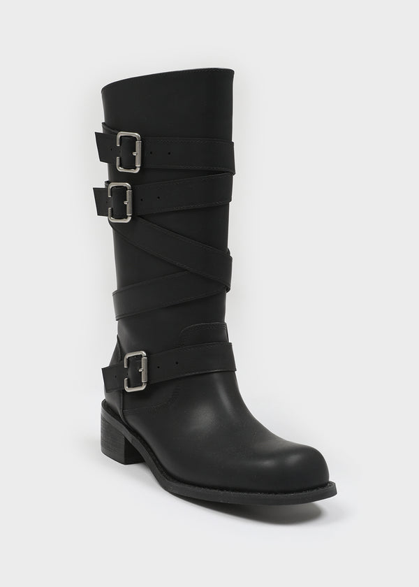 Deogoldi Ribbed Buckle Leather Long Boots