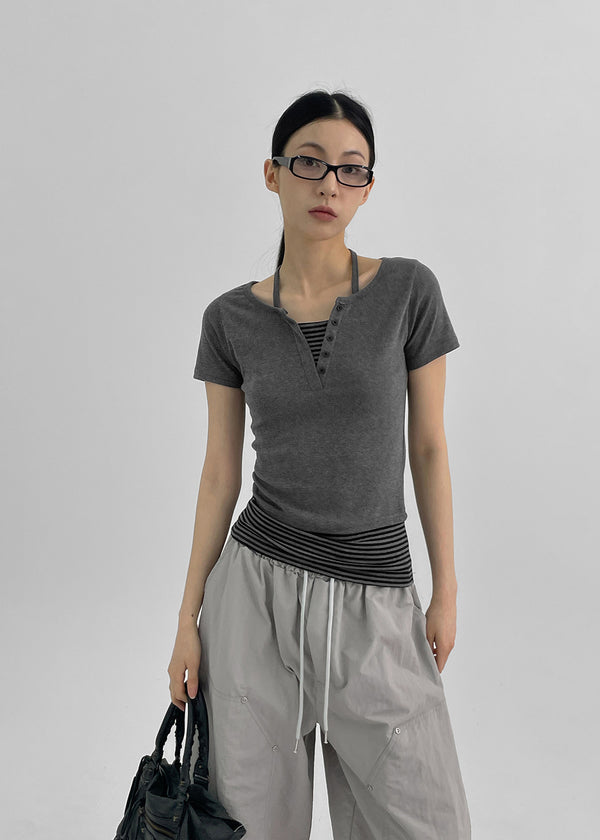 Bining Layered Stripe Halter Henley T-Shirt (S/S Ver.)