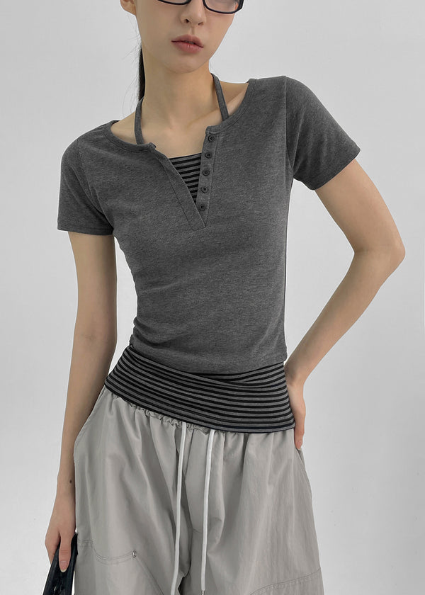 Bining Layered Stripe Halter Henley T-Shirt (S/S Ver.)