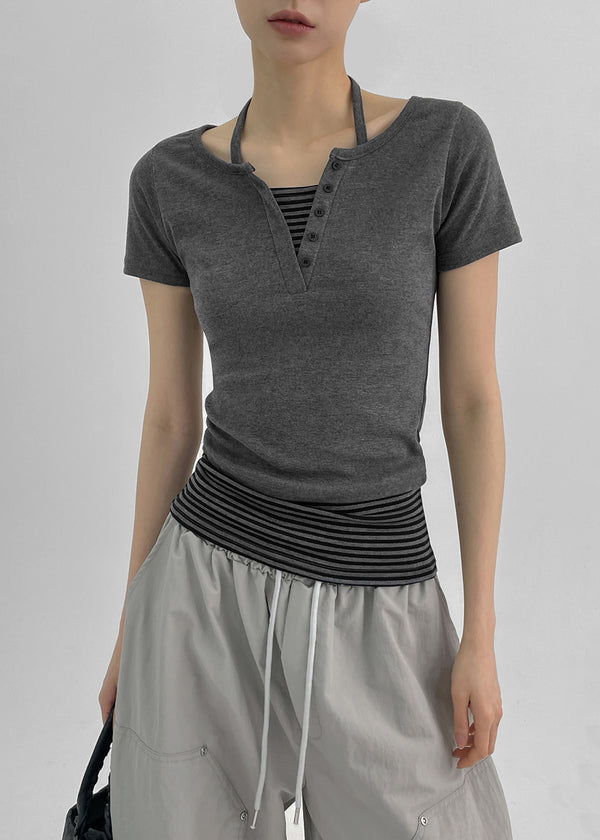 Bining Layered Stripe Halter Henley T-Shirt (S/S Ver.)