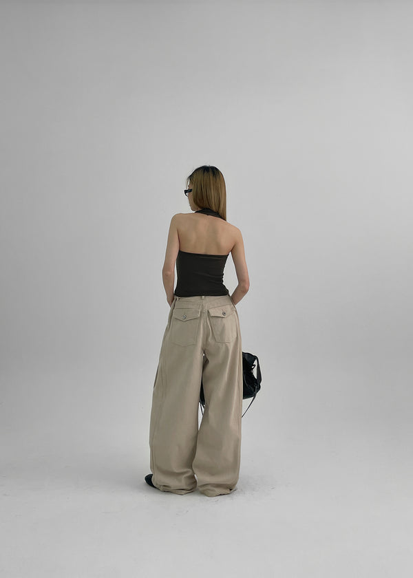Wilep Folding Back Pocket Wide Cotton Pants