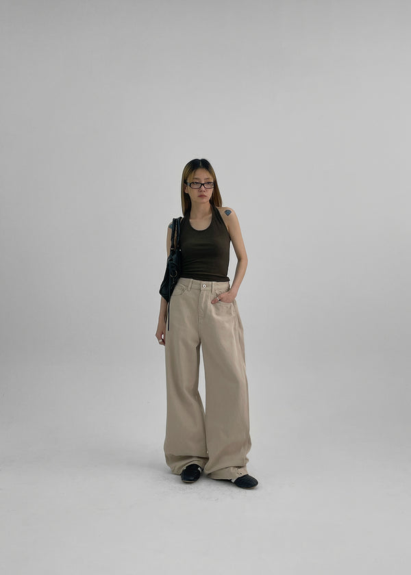 Wilep Folding Back Pocket Wide Cotton Pants