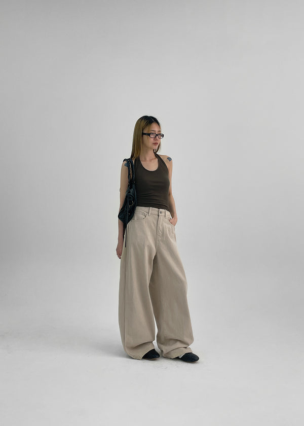 Wilep Folding Back Pocket Wide Cotton Pants