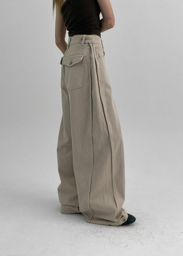 Wilep Folding Back Pocket Wide Cotton Pants