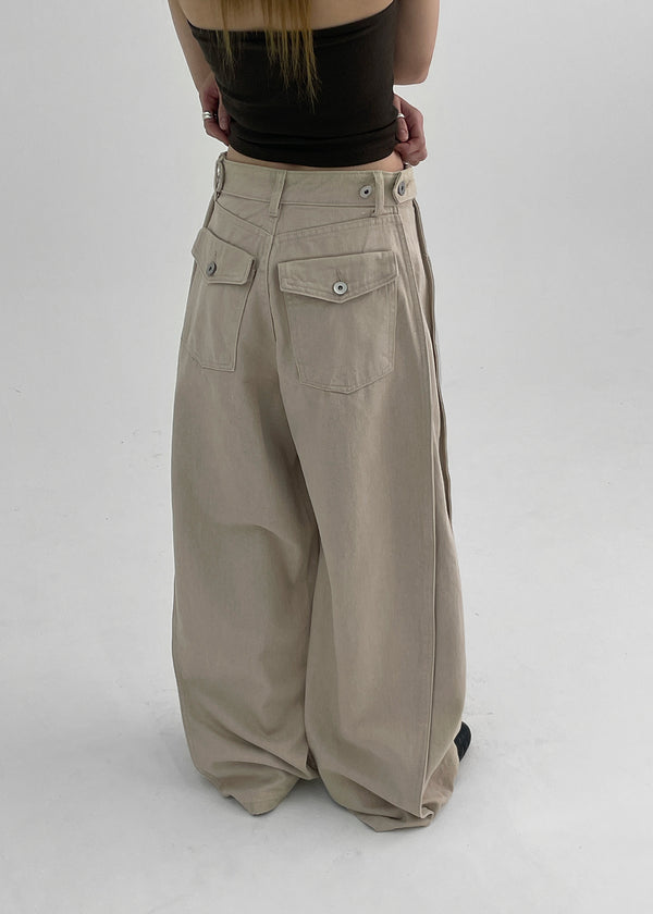 Wilep Folding Back Pocket Wide Cotton Pants
