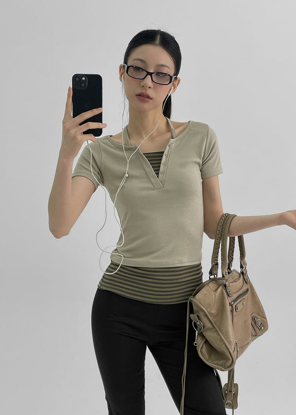 Bining Layered Stripe Halter Henley T-Shirt (S/S Ver.)