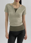Bining Layered Stripe Halter Henley T-Shirt (S/S Ver.)