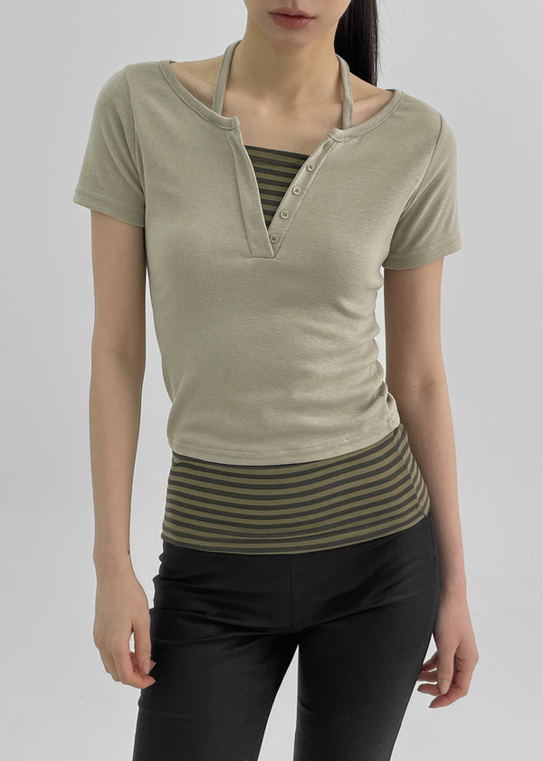 Bining Layered Stripe Halter Henley T-Shirt (S/S Ver.)