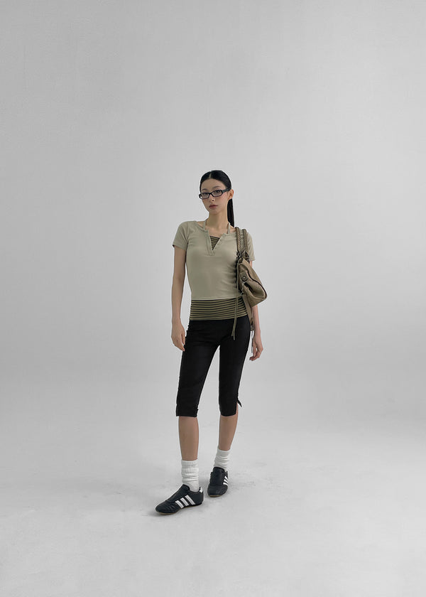 Bining Layered Stripe Halter Henley T-Shirt (S/S Ver.)
